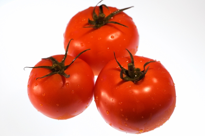red, ripe tomatoes with water droplets